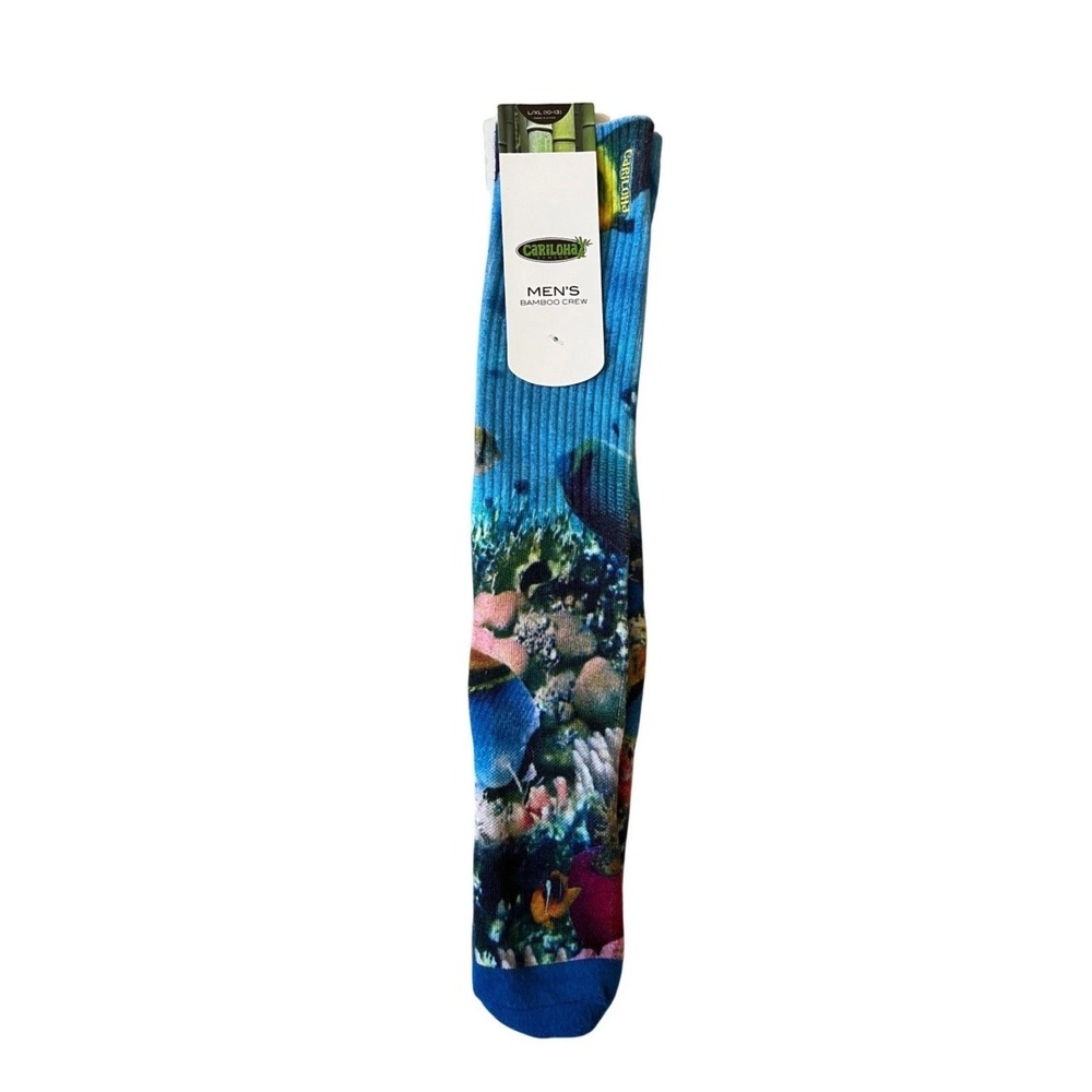 NEW! Cariloha Mens Bamboo Crew Socks Ocean Scene Coral Reef Fish Blue L/XL